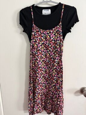 Old Navy Black Floral Slip Dress with Pink & Yellow Print and Black Tee